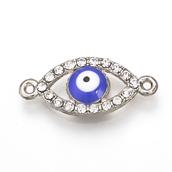 Platinum Alloy Rhinestone Links connectors, Enamel Style, Evil Eye, Blue, Platinum, 22x10x3mm, Hole: 1mm