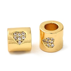 Настоящее золото 18K Реечное покрытие латунь микро паве кубический цирконий европейские бусины, бусины с большим отверстием, долговечный, без свинца и без кадмия, колонке с сердцем, реальный 18 k позолоченный, 8.2x8 мм, отверстие : 4.3 мм