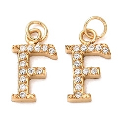Letter F 304 Stainless Steel with Crystal Rhinestone Charms, Letter Charms, Polished, Ion Plating(IP), Golden, Letter F, 13x8x2mm, Hole: 2.5mm
