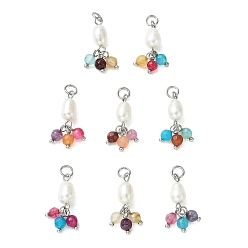 Нержавеющая Сталь Цвет Подвески из натурального агата (окрашенного и подвергнутого термической обработке) и культивированного пресноводного жемчуга., Граненые круглые подвески-кисточки с бусинами в форме рисовых зерен и петлями из нержавеющей стали., разноцветные, цвет нержавеющей стали, 304 мм, Перейти кольцо: 22x7x8.5 мм, внутренний диаметр: 5x0.8 мм