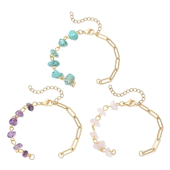 Золотой 3 шт. 3 стили браслеты из синтетической бирюзы, натурального розового кварца и аметистового бисера с цепочкой, с 304 цепями со скрепками из нержавеющей стали, золотые, 5-7/8 дюйм (15 см) ~ 6-1/8 дюйм (15.7 см)