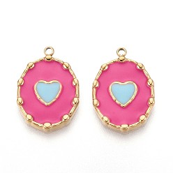 Ярко-Розовый 304 подвески из нержавеющей стали, с эмалью, овал с подвеской в виде сердца, реальный 14 k позолоченный, ярко-розовый, 21x14.5x2 мм, отверстие : 1.5 мм