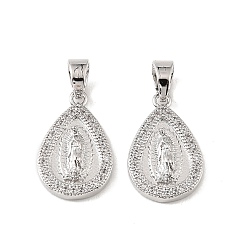 Платинированный Подвески из латуни и прозрачного циркония, подвески в форме капли с узором "девственная кожа", Реальная платина, 20.5x13x4 мм, отверстие : 6.5x4 мм