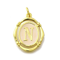 Letter N Латунные подвески, с эмалью, овальный с буквой, реальный 18 k позолоченный, с целью перехода в кольце, Письмо N, 20x15~15.5x2 мм, отверстие : 3.5 мм