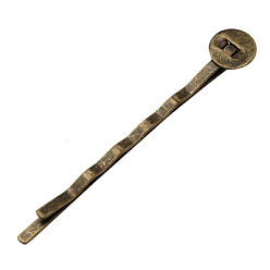 Antique Bronze Iron Hair Bobby Pin Findings, Antique Bronze, Size: about 2mm wide, 52mm long, 2mm thick, Tray: 8mm in diameter, 0.5mm thick.
