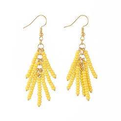Желтый Краски для выпечки стеклянные бусины висят серьги, с золотыми латунь серьги крючки, желтые, 68 мм, штифты : 0.6 мм