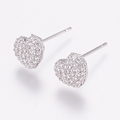 Платина Латунные микро проложить серьги стержня кубического циркония, с уха орехов, сердце, платина, 7.5x9x4 мм , штифт: 0.9 мм