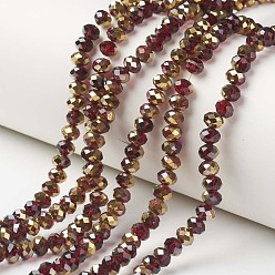 Dark Red Electroplate Transparent Glass Beads Strands, Half Golden Plated, Faceted, Rondelle, Dark Red, 4x3mm, Hole: 0.4mm, about 113~115pcs/strand, 41~42cm