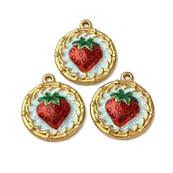 Золотой 304 нержавеющей стальной эмали подвески, плоский круглый с клубничным шармом, ионное покрытие (ip), золотые, 23.5x20.5x3.5 мм, отверстие : 1.6 мм