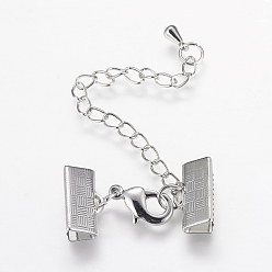 Real Platinum Plated Long-Lasting Plated Brass Chain Extender, with Cord Ends and Lobster Claw Clasps, Real Platinum Plated, 39mm, Ribbon End: 7x13mm, Extend Chain: 55mm, Inner: 3x12mm