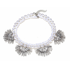 Platinum Alloy Sunflower Bib Necklaces, Imitation Keshi Pearl Beaded Double Layer Necklaces for Women, White, Platinum, 16.93 inch(43cm), 2pcs/set