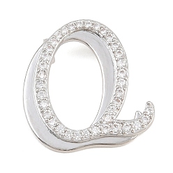 Letter Q Pendentifs en laiton zircon cubique transparent, charmes de lettre, plaqué longue durée, crémaillère plaquage, sans plomb et sans cadmium, platine, lettre q, 25x23x6.5mm, Trou: 3mm
