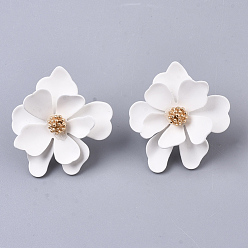White Spray Painted Eco-Friendly Iron Stud Earrings, with Raw(Unplated) Pins, Flower, Cadmium Free & Nickel Free & Lead Free, White, 25x28x6mm, Pin: 0.7mm