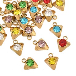 Mixed Color 201 Stainless Steel Rhinestone Pendants, Triangle Charms, Ion Plating(IP), Real 18K Gold Plated, Mixed Color, 10x8x4mm, Hole: 2mm