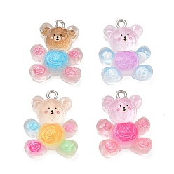 Mixed Color Transparent Resin Pendants, Bear with Rose Flower Charm, with Platinum Iron Loop & Glitter Powder, Mixed Color, 24x18.5x7.5mm, Hole: 2mm