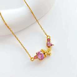 Rose 304 Stainless Steel Rhinestone Butterfly Pendant Necklaces for Women, Golden, Rose, 17.72 inch(45cm)