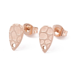 Rose Gold Ion Plating(IP) 304 Stainless Steel Stud Earring Findings, Textured Teardrop, Rose Gold, 10x6mm, Pin: 0.7mm
