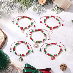 Mixed Shapes Браслеты шарма сплава эмали темы рождества, стеклянные бусины плетеные браслеты из бисера для женщин, с нейлоновым шнуром, разнообразные, внутренний диаметр: 1-7/8~3-1/4 дюйм (4.7~8.4 см)