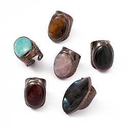 Смешанные камни Овальное кольцо-манжета с драгоценным камнем, стойка с покрытием из латуни широкополосное кольцо для женщин, без кадмия и без свинца, красная медь., 5~29 мм, внутренний диаметр: 17~17.5 мм, отверстие : 2 мм