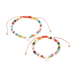 Orange Electroplate Glass Nylon Thread Braided Bead Bracelets for Mom and Daughter, with Natural Shell Beads, Smile, Orange, Inner Diameter: 2.01~3.07 inch(51~78mm), 1.69~2.64 inch(43~67mm), 2pcs/set 