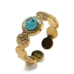 Настоящее золото 18K Ионное покрытие (ip) 304 открытые манжеты из нержавеющей стали, синтетические бирюзовые круглые кольца на палец для женщин и мужчин, реальный 18 k позолоченный, регулируемый