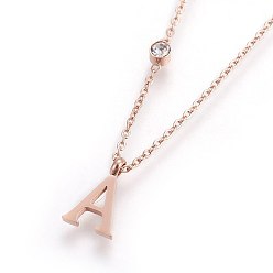 Letter A 304 Edelstahl-Halsketten, mit Glas Strass, Kristall, Roségold, letter.a, 16.1~16.5 Zoll (41~42 cm), Anhänger: 11x5~8.5x1 mm