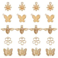 Real 18K Gold Plated 20Pcs 5 Style Brass Charms, with Loops, Flower & Butterfly & Bee, Real 18K Gold Plated, 10.5x10x1mm, Hole: 1mm
