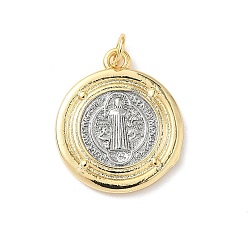 Настоящее золото 18K Латунные подвески, плоские круглые с святым Бенедиктом, без свинца и без кадмия, долговечный, стойки покрытие, с целью перехода в кольце, реальный 18 k позолоченный, 22x19x2.5 мм, отверстие : 3 мм