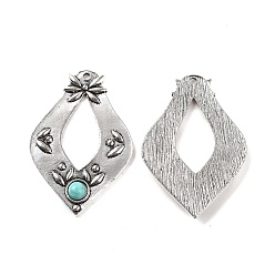 Antique Silver Alloy Big Pendants, with Synthetic Turquoise, Rhombus Charms, Antique Silver, 51x34x4mm, Hole: 2mm