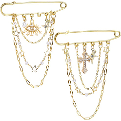 Золотой 2 шт. 2 стили стальные броши, с подвесками из сплава и латунными цепочками, золотые, 75 мм, 1 шт / стиль