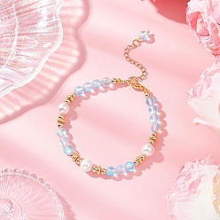 Лазурный Браслеты из круглых бусин из синтетического лунного камня для женщин, с ракушечным жемчугом и гальваническим немагнитным синтетическим гематитом, лазурный, 7-1/2 дюйм (19 см)