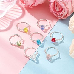 Серебро 7шт 7 цвета стеклянные кольца для пальцев, женское кольцо из медной проволоки, серебряные, 8.5 мм, размер США 8 1/4~3/4 (18.3~18.7 мм), 1 шт / цвет