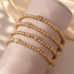 Золотой 4 Наборы круглых и сердечных латунных эластичных браслетов из бусин для женщин, ювелирные аксессуары, золотые, 6.89 дюйм (17.5 см)