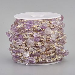 Аметист Ручной работы природный аметист бисером цепи, со стеклянными бусинами рондель и цепочками из латунного троса, долговечный, несварные, с катушкой, самородки, золотые, ссылка: 2.5x1x0.3 mm, подвески: 6~12x6~6.5x4~4.5 мм, стеклянные шарики: 4x3 мм, около 32.8 футов (10 м) / рулон