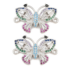 Platinum Brass Micro Pave Colorful Cubic Zirconia Connector Charms, Butterfly Links, Rack Plating, Long-Lasting Plated, Cadmium Free & Lead Free, Platinum, 23x15.5x4.5mm, Hole: 1.2mm