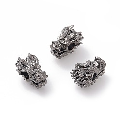 Черный Цвет Металла Сплавочные овальные бусины тибетского стиля , голова дракона, металлический черный , 12x7.5x8 мм, отверстие : 3 мм