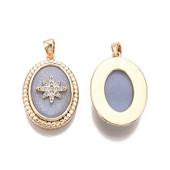 Настоящее золото 18K Латунные микропаве прозрачные подвески с фианитом, с синтетическим камнем, без никеля , овальные со звездой, реальный 18 k позолоченный, 21.5x15x4.5 мм, отверстие : 3.5x2 мм