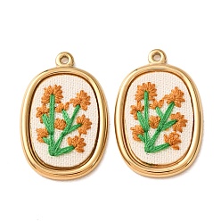 Dark Orange 304 Stainless Steel & Cloth Embroidered Pendants, Oval with Flower Charms, Ion Plating(IP), Long-Lasting Plated, Real 18K Gold Plated, Dark Orange, 28x18x3mm, Hole: 1.4mm