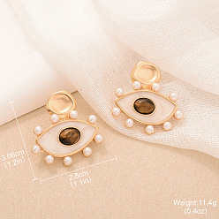 Eye Серьги-гвоздики из сплава, эмали, натурального тигрового глаза и пластикового жемчуга, золотые, глаз, 30.6x28 мм