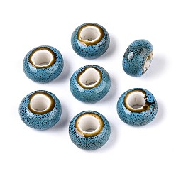 Небесно-голубой Фарфоровые бусины ручной работы, фантазии античного стекла фарфора, бусины с большим отверстием, рондель, голубой, 15x8 мм, отверстие : 6 мм