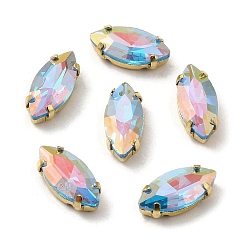 Аквамарин K9 стеклянный светильник ab(la) с эффектом конского глаза, пришить стразы, многожильных ссылки, с золотыми тонами латунных зубьев, аксессуары для одежды, аквамарин, 15x7x5 мм, отверстие : 1 мм