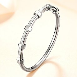 Stainless Steel Color 304 Stainless Steel Micro Pave Clear Cubic Zirconia Hexagon Hinged Cuff Bangles for Women, Stainless Steel Color, Inner Diameter: 2.36 inch(6cm)