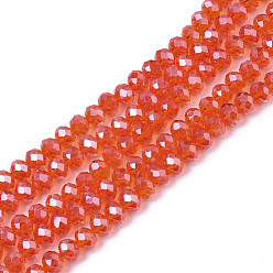 Orange Red Electroplate Glass Beads Strands, Pearl Luster Plated, Faceted, Rondelle, Orange Red, 8x6mm, Hole: 1mm, about 65~72pcs/strand, 15.7~16.1 inch(40~41cm)