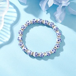 Синий Эластичные браслеты из фарфоровых керамических бусин с цветочным принтом для женщин, круглые, с латунными бусины со стразами , синие, внутренний диаметр: 2~2-1/8 дюйм (5.1~5.5 см)