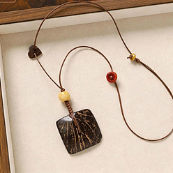 Square Natural Coconut Pendant Adjustable Leather Cord Long Necklaces with Wood Beads, Coconut Brown, Square, 31.50 inch(80cm), Pendant: 65x40mm