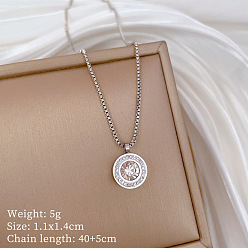 Нержавеющая Сталь Цвет 304 Подвеска-колье из нержавеющей стали с плоскими круглыми фианитами, инкрустированная прозрачными кубическими циркониями, для женщин, ионное покрытие (ip), долговечный, цвет нержавеющей стали, 15.75 дюйм (40 см)