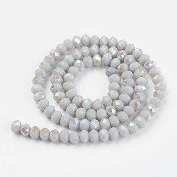 Light Grey Electroplate Opaque Solid Color Glass Beads Strands, Half Rainbow Plated, Faceted, Rondelle, Light Grey, 8x6mm, Hole: 1mm, about 65~68pcs/strand, 15.7~16.1 inch(40~41cm)