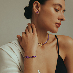 Аметист Натуральный аметистовый кристалл с 304 ожерельем из бусин из нержавеющей стали, плетеным браслетом из бусин и серьгой-гвоздиком в форме звезды, 400 мм