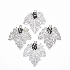 Platinum Autumn Theme Brass Rhinestone Pendants, Filigree Findings, Maple Leaf, Jet Hematite, Platinum, 48x45x2~3mm, Hole: 2.5mm