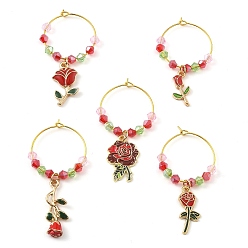 Rouge Breloques en verre de vin en alliage de rose, thème de la saint-valentin, en émail, avec des perles de verre et des créoles en laiton, rouge, 50~58x27x4.2mm